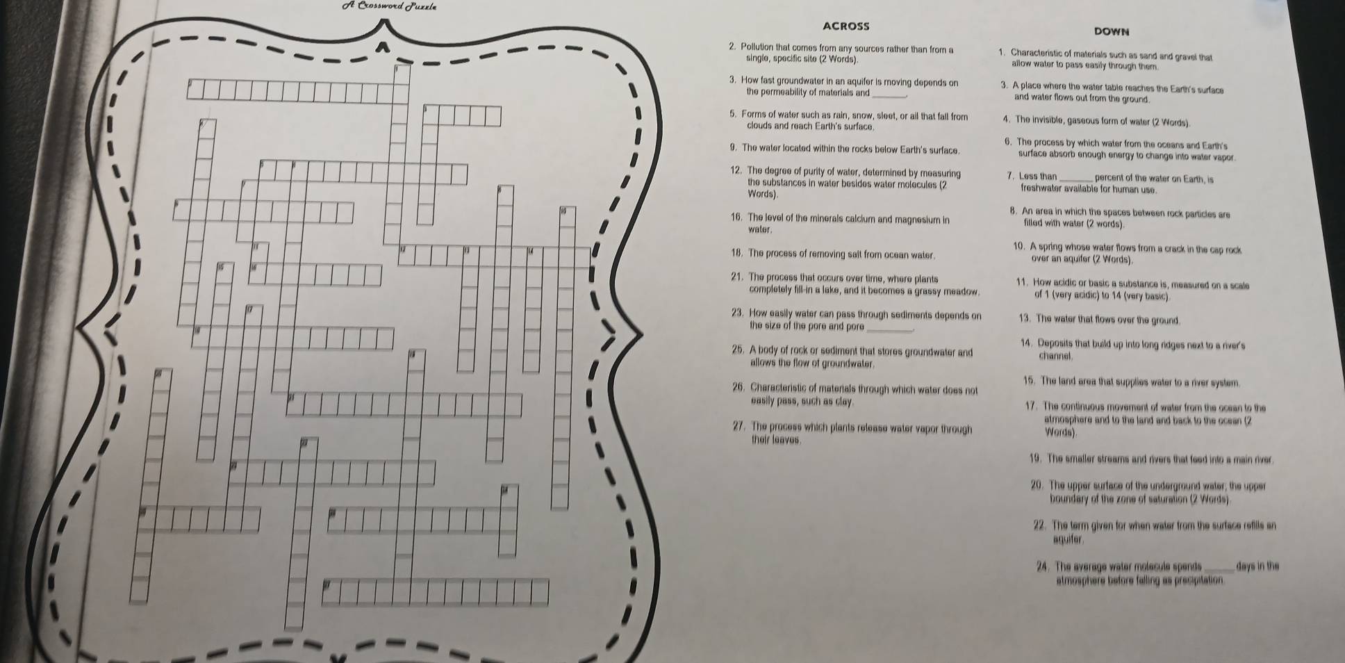 across
2. Pollution that comes from any sources rather than from a 1. Characteristic of materials such as sand and gravel that
allow water to pass easily through them.
3. How fast groundwater in an aquifer is moving depends on 3. A place where the water table reaches the Earth's surface
the permeability of materials and _and water flows out from the ground.
5. Forms of water such as rain, snow, sleet, or ail that fall from 4. The invisible, gaseous form of water (2 Words).
clouds and reach Earth's surface
6. The process by which water from the oceans and Earth's
9. The water located within the rocks below Earth's surface. surface absorb enough energy to change into water vapor
12. The degree of purity of water, determined by measuring 7. Less than _percent of the water on Earth, is
the substances in water besides water molecules (2 freshwater available for human use .
Words).
8. An area in which the spaces between rock particles are
16. The level of the minerals calcium and magnesium in filled with water (2 words).
water.
10. A spring whose water flows from a crack in the cap rock
18. The process of removing salt from ocean water. over an aquifer (2 Words).
21. The process that occurs over time, where plants 11. How acidic or basic a substance is, measured on a scale
completely fill-in a lake, and it becomes a grassy meadow. of 1 (very acidic) to 14 (very basic)
23. How easily water can pass through sediments depends on 13. The water that flows over the ground.
the size of the pore and pore
14. Deposits that build up into long ridges next to a river's
25. A body of rock or sediment that stores groundwater and channel.
allows the flow of groundwater.
15. The land area that supplies water to a river system.
26. Characteristic of materials through which water does not
easily pass, such as clay 17. The continuous movement of water from the ocean to the
atmosphere and to the land and back to the ocean (2
27. The process which plants release water vapor through Words).
their leaves.
19. The smaller streams and rivers that feed into a main river
20. The upper surface of the underground water; the upper
boundary of the zone of saturation (2 Words).
22. The term given for when water from the surface refills an
aquifer.
24. The average water molecule spends days in the
atmosphere before falling as precipitation.