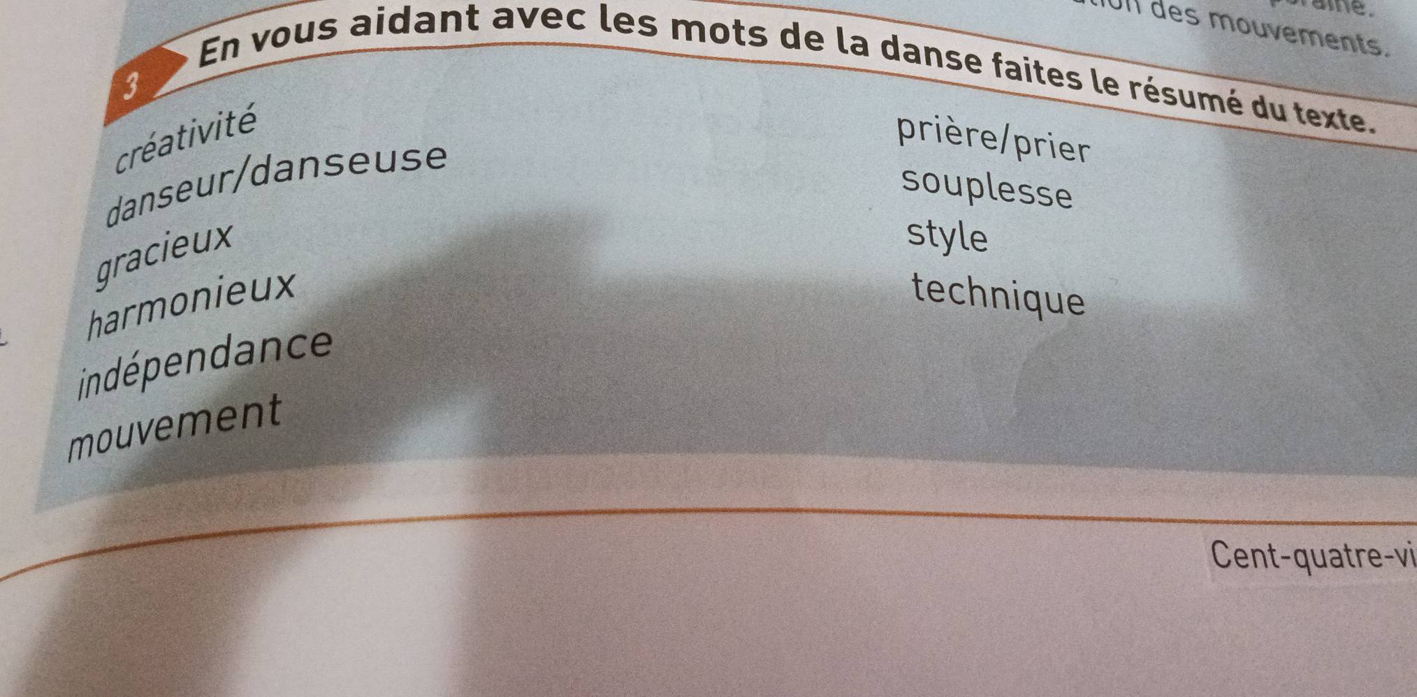 raie.
Ull des mouvements.
En vous aidant avec les mots de la danse faites le résumé du texte.
3
créativité
prière/prier
danseur/danseuse
souplesse
gracieux
style
harmonieux technique
indépendance
mouvement
Cent-quatre-vi