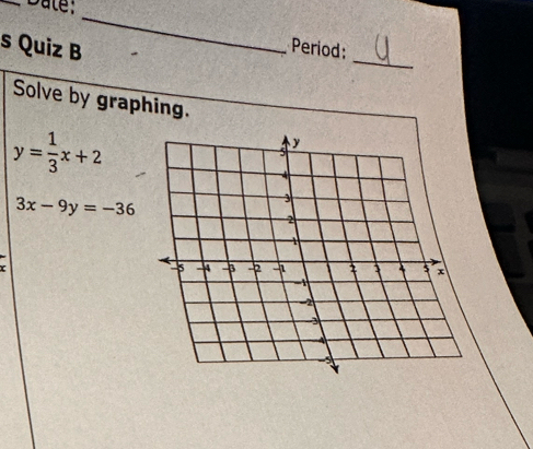 Date:_
s Quiz B
_
Period:
Solve by graphing.
y= 1/3 x+2
3x-9y=-36