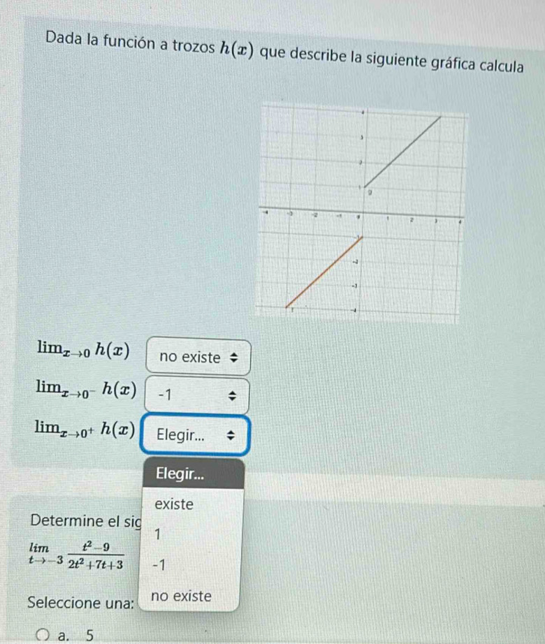 Dada la función a trozos h(x) que describe la siguiente gráfica calcula
lim_xto 0h(x) no existe
lim_xto 0^-h(x) -1
lim_xto 0^+h(x) Elegir...
Elegir...
existe
Determine el sig
1
limlimits _tto -3 (t^2-9)/2t^2+7t+3  -1
Seleccione una: no existe
a. 5