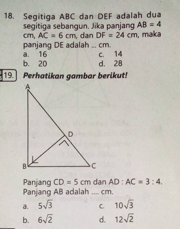 Segitiga ABC dan DEF adalah dua
segitiga sebangun. Jika panjang AB=4
cm AC=6cm , dan DF=24cm , maka
panjang DE adalah ... cm.
a. 16 c. 14
b. 20 d. 28
19.] Perhatikan gambar berikut!
Panjang CD=5cm dan AD:AC=3:4. 
Panjang AB adalah .... cm.
a. 5sqrt(3) 10sqrt(3)
C.
b. 6sqrt(2) d. 12sqrt(2)