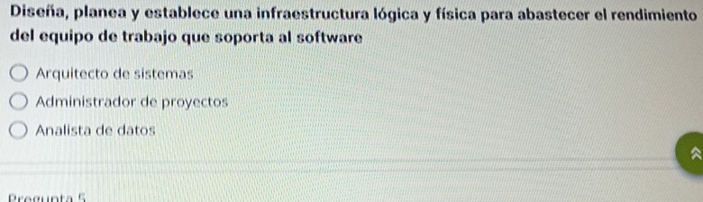 Diseña, planea y establece una infraestructura lógica y física para abastecer el rendimiento
del equipo de trabajo que soporta al software
Arquitecto de sistemas
Administrador de proyectos
Analista de datos