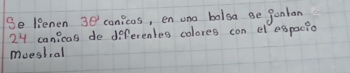 Se lienen 3θ ' conicos, en ono bolsa se gunton
24 canicas de deferentes colores con elespacio 
muestral