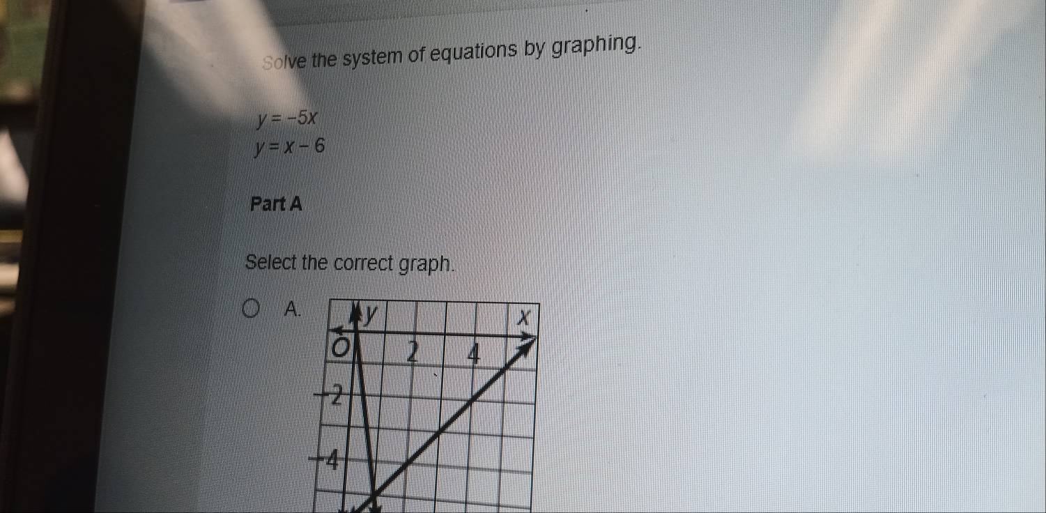 Solve the system of equations by graphing.
y=-5x
y=x-6
Part A
Select the correct graph
A