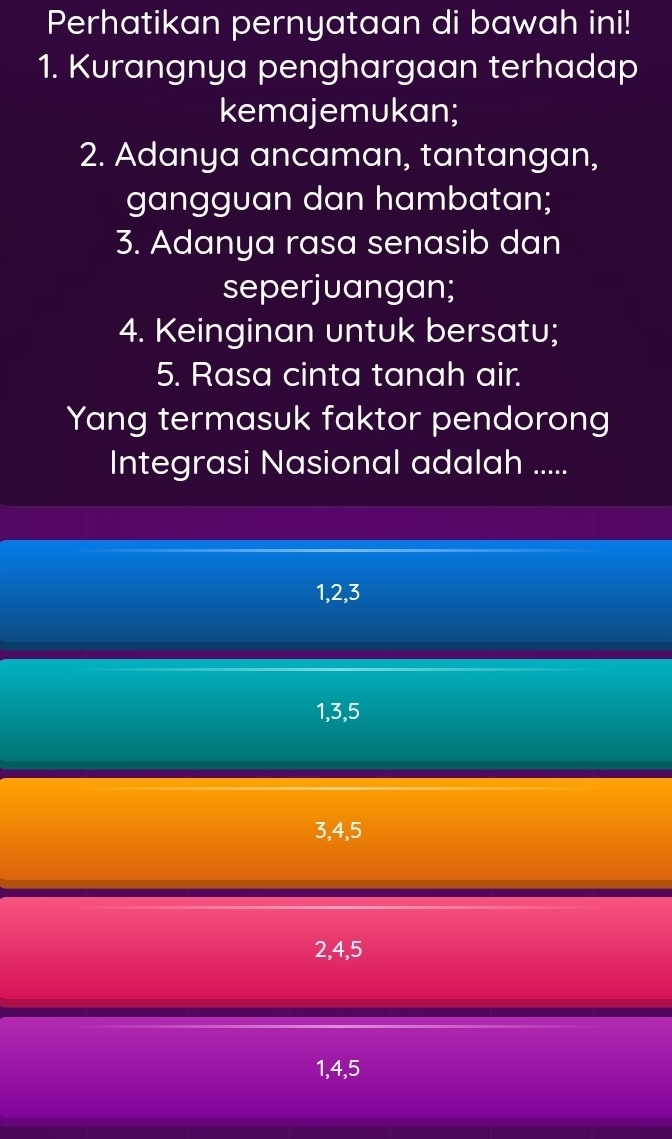 Perhatikan pernyataan di bawah ini!
1. Kurangnya penghargaan terhadap
kemajemukan;
2. Adanya ancaman, tantangan,
gangguan dan hambatan;
3. Adanya rasa senasib dan
seperjuangan;
4. Keinginan untuk bersatu;
5. Rasa cinta tanah air.
Yang termasuk faktor pendorong
Integrasi Nasional adalah .....
1, 2, 3
1, 3, 5
3, 4, 5
2, 4, 5
1, 4, 5