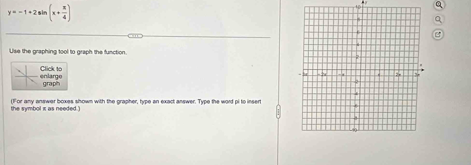 y=-1+2sin (x+ π /4 )
10
z
Use the graphing tool to graph the function. 
Click to 
enlarge 
graph 
(For any answer boxes shown with the grapher, type an exact answer. Type the word pi to insert 
the symbol π as needed.)