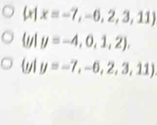 x=-7,-6,2,3,11)
 y=-4,0,1,2),
a | y=-7,-6,2,3,11)