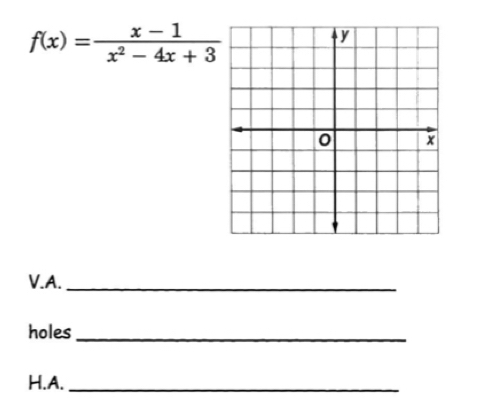 f(x)= (x-1)/x^2-4x+3 
V.A._ 
holes_ 
H.A._