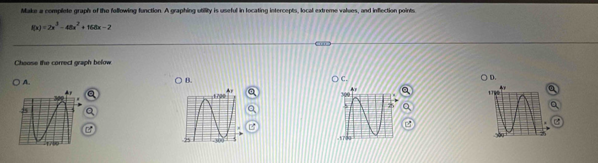 Make a complete graph of the following function. A graphing utility is useful in locating intercepts, local extreme values, and inflection points.
f(x)=2x^3-48x^2+168x-2
Choose the correct graph below 
A. 
B. 
C. 
D. 
Ay