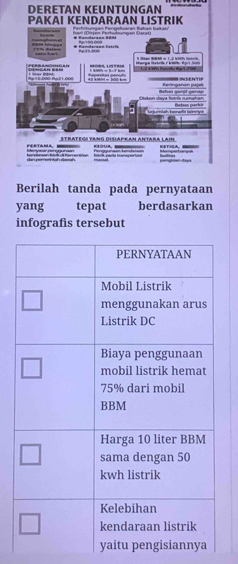 DERETAN KEUNTUNGAN
Berilah tanda pada pernyataan
yang tepat berdasarkan
infografs tersebut