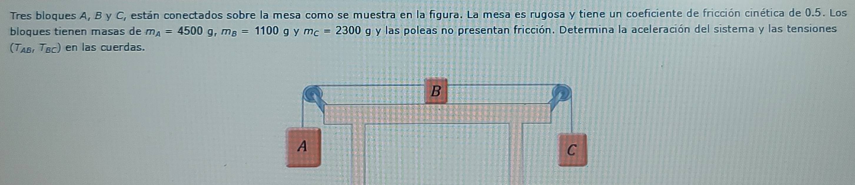 Tres bloques A, B y C, están conectados sobre la mesa como se muestra en la figura. La mesa es rugosa y tiene un coeficiente de fricción cinética de 0.5. Los 
bloques tienen masas de m_A=4500g, m_B=1100 g y m_C=2300 g y las poleas no presentan fricción. Determina la aceleración del sistema y las tensiones
(T_AB,T_BC) en las cuerdas.