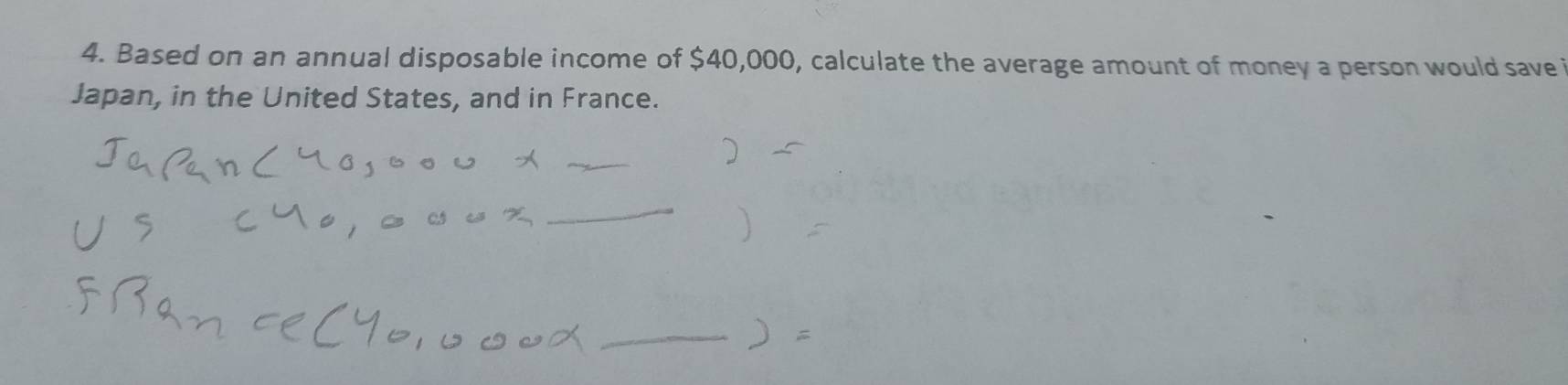 Based on an annual disposable income of $40,000, calculate the average amount of money a person would save 
Japan, in the United States, and in France. 
_ 
_ 
_