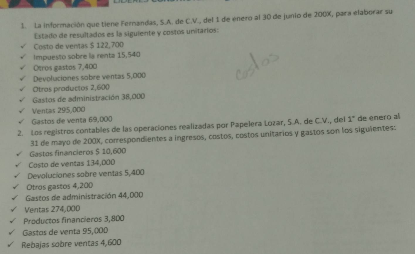 La información que tiene Fernandas, S.A. de C.V., del 1 de enero al 30 de junio de 200X, para elaborar su
Estado de resultados es la siguiente y costos unitarios:
Costo de ventas $ 122,700
Impuesto sobre la renta 15,540
Otros gastos 7,400
Devoluciones sobre ventas 5,000
Otros productos 2,600
Gastos de administración 38,000
Ventas 295,000
Gastos de venta 69,000
2. Los registros contables de las operaciones realizadas por Papelera Lozar, S.A. de C.V., del 1° de enero al
31 de mayo de 200X, correspondientes a ingresos, costos, costos unitarios y gastos son los siguientes:
Gastos financieros $ 10,600
Costo de ventas 134,000
Devoluciones sobre ventas 5,400
Otros gastos 4,200
Gastos de administración 44,000
Ventas 274,000
Productos financieros 3,800
Gastos de venta 95,000
Rebajas sobre ventas 4,600