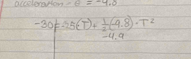 acceleresten -θ =-4.8
-30!= -25(· T)+ 1/2 (-9.8)· T^2
-4. 9