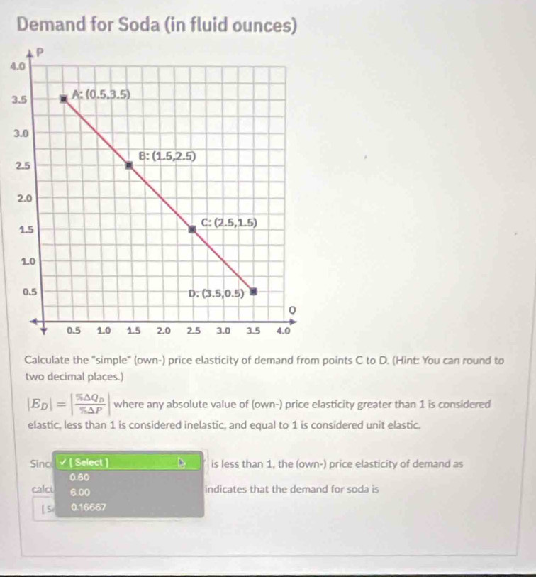 Demand for Soda (in fluid ounces)
4
3
3
2
Calculate the "simple" (own-) price elasticity of demand from points C to D. (Hint: You can round to
two decimal places.)
|E_D|=|frac 5△ Q_D5△ P| where any absolute value of (own-) price elasticity greater than 1 is considered
elastic, less than 1 is considered inelastic, and equal to 1 is considered unit elastic.
Sinc √ [Select ] is less than 1, the (own-) price elasticity of demand as
0.60
calct 6.00
indicates that the demand for soda is
[ 5 0.16667