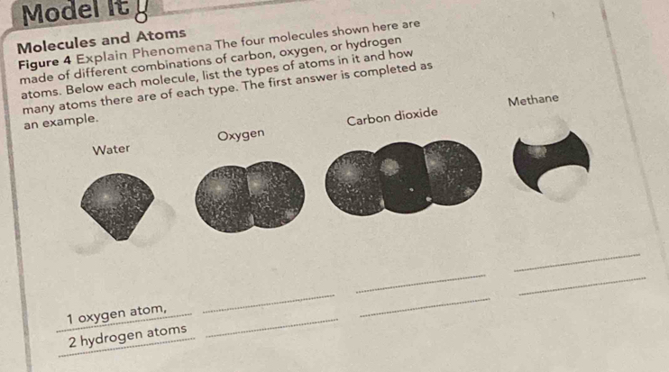 Model It 
Molecules and Atoms 
Figure 4 Explain Phenomena The four molecules shown here are 
made of different combinations of carbon, oxygen, or hydrogen 
atoms. Below each molecule, list the types of atoms in it and how 
many atoms there are of each type. The first answer is completed as 
Methane 
an example. 
Water Oxygen Carbon dioxide 
_ 
_ 
_ 
1 oxygen atom,_ 
_ 
_ 
2 hydrogen atoms