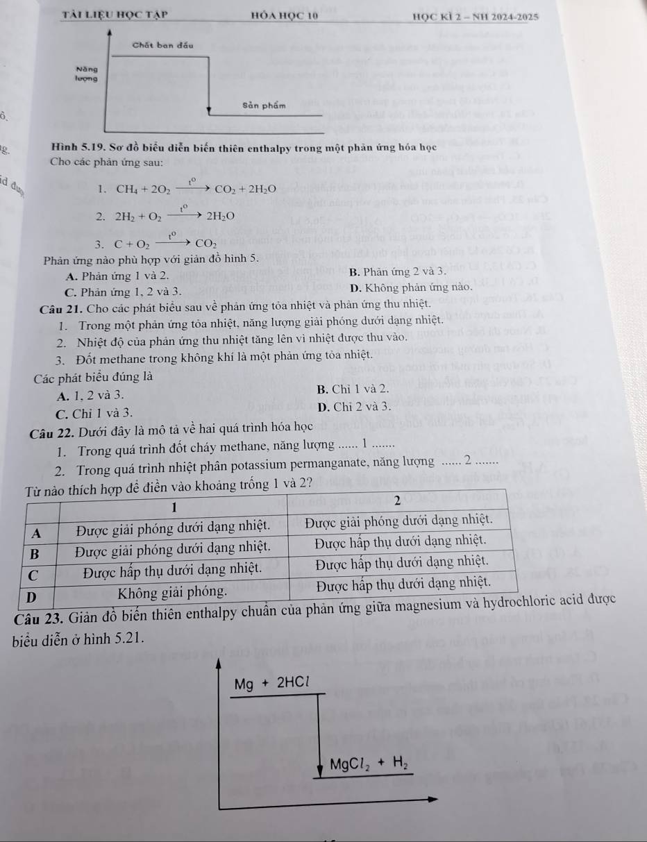 tài liệu học tập hóa học 10 HOC KI 2 - NH 20 24-2025
Chất ban đầu
Nǎng
lượng
Sản phẩm
δ
g. Hình 5.19. Sơ đồ biểu diễn biến thiên enthalpy trong một phản ứng hóa học
Cho các phản ứng sau:
d đư 1. CH_4+2O_2xrightarrow t°CO_2+2H_2O
2. 2H_2+O_2xrightarrow t^02H_2O
3. C+O_2xrightarrow 1^0CO_2
Phản ứng nào phù hợp vdot odot 1 giản đồ hình 5.
A. Phản ứng 1 và 2. B. Phản ứng 2 và 3.
C. Phản ứng 1, 2 và 3. D. Không phản ứng nào.
Câu 21. Cho các phát biểu sau về phản ứng tỏa nhiệt và phản ứng thu nhiệt.
1. Trong một phản ứng tỏa nhiệt, năng lượng giải phóng dưới dạng nhiệt.
2. Nhiệt độ của phản ứng thu nhiệt tăng lên vì nhiệt được thu vào.
3. Đốt methane trong không khí là một phản ứng tỏa nhiệt.
Các phát biểu đúng là
A. 1, 2 và 3. B. Chỉ 1 và 2.
C. Chỉ 1 và 3. D. Chi 2 và 3.
Câu 22. Dưới đây là mô tả về hai quá trình hóa học
1. Trong quá trình đốt cháy methane, năng lượng ....... .......
2. Trong quá trình nhiệt phân potassium permanganate, năng lượng ...... 2 .......
điễn vào khoảng trống 1 và 2?
Câu 23. Giản đồ biến thiên enthalpy chuẩn của p được
biểu diễn ở hình 5.21.
Mg+2HCl
MgCl_2+H_2