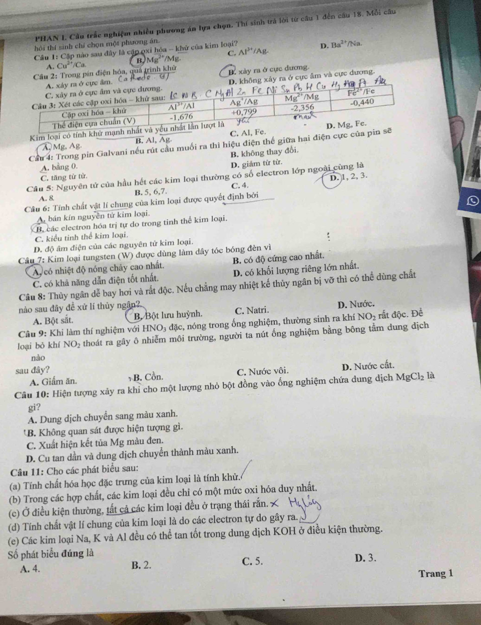 PHAN I. Cầu trấc nghiệm nhiều phương án lựa chọn. Thí sinh trả lời từ câu 1 đến câu 18. Mỗi câu
hôi thí sinh chí chọn một phương án.
C. Al^(3+)/A D. Ba^(2+)/Na.
Câu 1: Cặp nào sau đây là cập oxi hóa - khử của kim loại?
A. Cu^(2+)/Ca B. Mg^(2+) IM
Cầu 2: Trong pín điện hóa, quá trình khử B. xày ra ở cực dương.
G. không xảy ra ở cực âm và cực dương.
Kim loại có tí
A Mg, Ag. B. Al, 
Cầu 4: Trong pin Galvani nếu rút cầu muối ra thì hiệu điện thế giữa hai điện cự
B. không thay đổi.
A. bằng 0.
D. giảm từ từ.
C. tăng từ từ.
D. 1, 2, 3.
Cầu 5: Nguyên tử của hầu hết các kim loại thường có số electron lớp ngoài cùng là
C. 4.
A. 8 B. 5, 6,7.
Cầu 6: Tính chất vật lí chung của kim loại được quyết định bởi
A. bán kín nguyên tử kim loại.
B. các electron hóa trị tự do trong tinh thể kim loại.
C. kiểu tinh thể kim loại.
D. độ âm điện của các nguyên tử kim loại.
Cầu 7: Kim loại tungsten (W) được dùng làm dây tóc bóng đèn vì
Ay có nhiệt độ nóng chảy cao nhất. B. có độ cứng cao nhất.
C. có khả năng dẫn điện tốt nhất. D. có khối lượng riêng lớn nhất.
Câu 8: Thủy ngân dễ bay hơi và rất độc. Nếu chẳng may nhiệt kế thủy ngân bị vỡ thì có thể dùng chất
nào sau đây đề xử lí thủy ngân?
A. Bột sắt. B Bột lưu huỳnh. C. Natri. D. Nước.
Câu 9: Khi làm thí nghiệm với HNO_3 đặc, nóng trong ống nghiệm, thường sinh ra khí NO_2 rất độc. Đề
loại bỏ khí NO_2 thoát ra gây ô nhiễm môi trường, người ta nút ống nghiệm bằng bông tầm dung dịch
nào
sau đây?
A. Giấm ăn. B. Cồn. C. Nước vôi. D. Nước cất.
Câu 10: Hiện tượng xảy ra khỉ cho một lượng nhỏ bột đồng vào ống nghiệm chứa dung dịch MgCl_2 là
gi?
A. Dung dịch chuyển sang màu xanh.
B  Không quan sát được hiện tượng gì.
C. Xuất hiện kết tủa Mg màu đen.
D. Cu tan dần và dung dịch chuyển thành màu xanh.
Câu 11: Cho các phát biểu sau:
(a) Tính chất hóa học đặc trưng của kim loại là tính khử.
(b) Trong các hợp chất, các kim loại đều chỉ có một mức oxi hóa duy nhất.
(c) Ở điều kiện thường, tất cả các kim loại đều ở trạng thái rắn. X
(d) Tính chất vật lí chung của kim loại là do các electron tự do gây ra.
(e) Các kim loại Na, K và Al đều có thể tan tốt trong dung dịch KOH ở điều kiện thường.
Số phát biểu đúng là D. 3.
A. 4. B. 2.
C. 5.
Trang 1