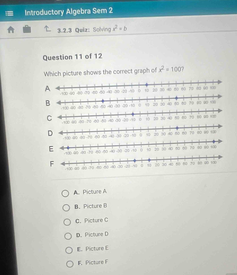 Introductory Algebra Sem 2
3.2.3 Quiz: Solving x^2=b
Question 11 of 12
Which picture shows the correct graph of x^2=100
B

A. Picture A
B. Picture B
C. Picture C
D. Picture D
E. Picture E
F. Picture F