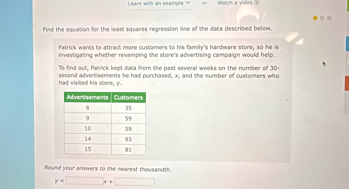 Learn with an example or Watch a video 0 
Find the equation for the least squares regression line of the data described below. 
Patrick wants to attract more customers to his family's hardware store, so he is 
investigating whether revamping the store's advertising campaign would help. 
To find out, Patrick kept data from the past several weeks on the number of 30-
second advertisements he had purchased, x, and the number of customers who 
had visited his store, y. 
Round your answers to the nearest thousandth.
y=□ x+□