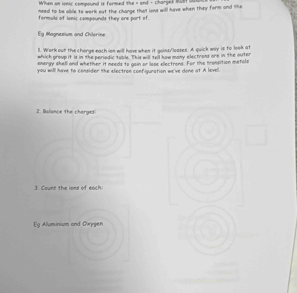 When an ionic compound is formed the + and - charges must balan 
need to be able to work out the charge that ions will have when they form and the 
formula of ionic compounds they are part of. 
Eg Magnesium and Chlorine 
1. Work out the charge each ion will have when it gains/losses. A quick way is to look at 
which group it is in the periodic table. This will tell how many electrons are in the outer 
energy shell and whether it needs to gain or lose electrons. For the transition metals 
you will have to consider the electron configuration we've done at A level. 
2. Balance the charges: 
3. Count the ions of each: 
Eg Aluminium and Oxygen