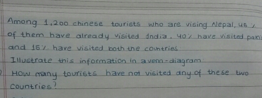 Among 1,200 chinese tourists who are vising Nepal, us ;
of them have already visited 1ndia, you have visited pani
and 15'. have visited both the countries
Illustrate this information in avenn-diagram
How many tourists have not visited any of these two
countries?