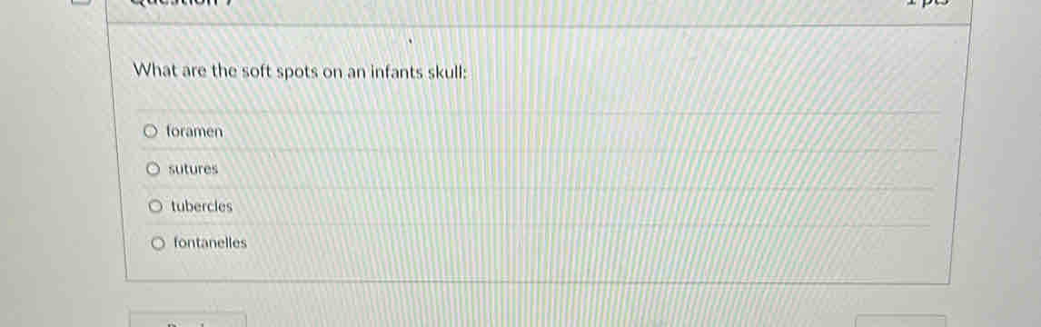 What are the soft spots on an infants skull:
foramen
sutures
tubercles
fontanelles