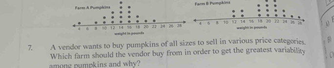 Farm B Pumpkins 
0 
weight in pounds
7. A vendor wants to buy pumpkins of all sizes to sell in various price categories. β) 
Which farm should the vendor buy from in order to get the greatest variability 
among pumpkins and why?