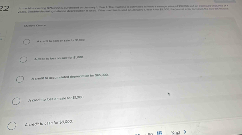 A machine costing $75,000 is purchased on January 1, Year 1. The machine is estimated to have a salvage value of $10,000 and an estimated useful life of 4
years. Double-declining-balance depreciation is used. If the machine is sold on January 1, Year 4 for $9,000, the journal enty to record the sale will include:
Multiple Choice
A credit to gain on sale for $1,000.
A debit to loss on sale for $1,000.
A credit to accumulated depreciation for $65,000.
A credit to loss on sale for $1,000.
A credit to cash for $9,000.
Next