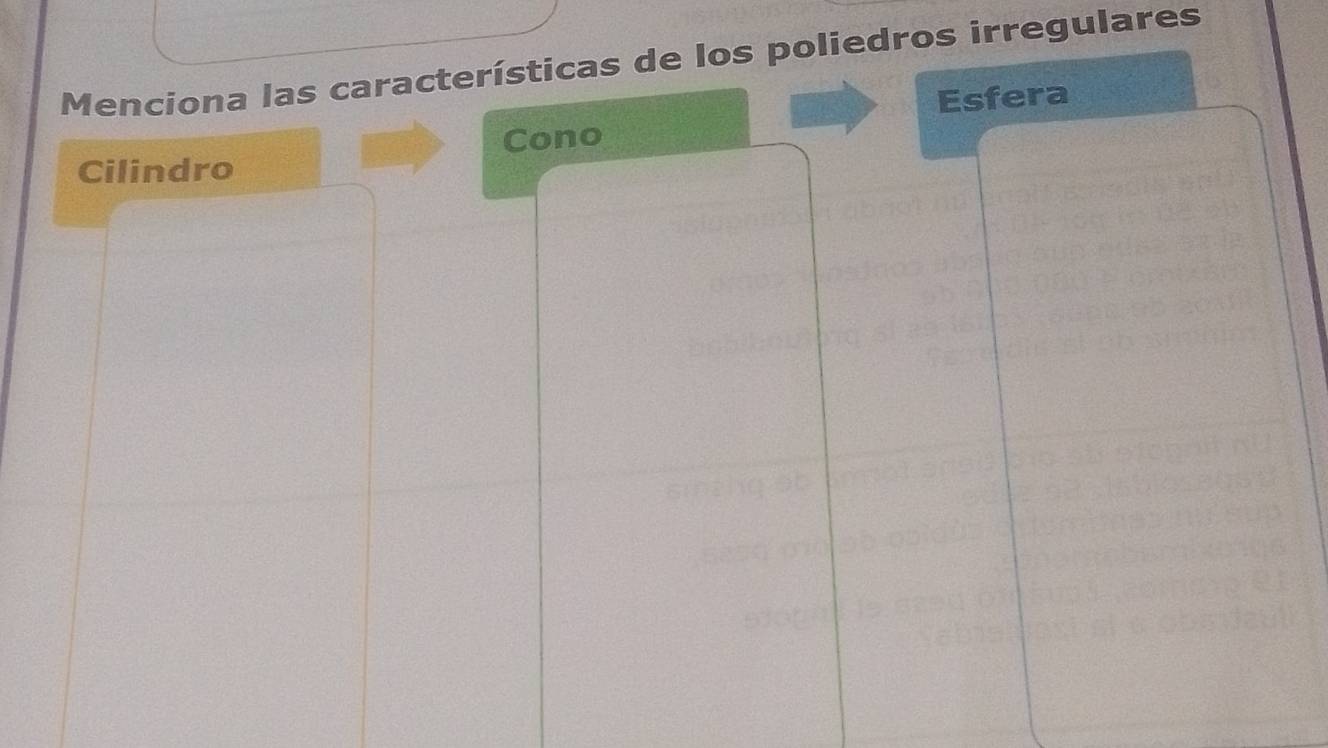 Menciona las características de los poliedros irregulares
Esfera
Cilindro Cono