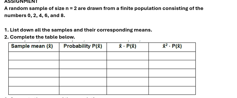 ASSIGNMENT
A random sample of size n=2 are drawn from a finite population consisting of the
numbers 0, 2, 4, 6, and 8.
1. List down all the samples and their corresponding means.
2. Complete the table below.