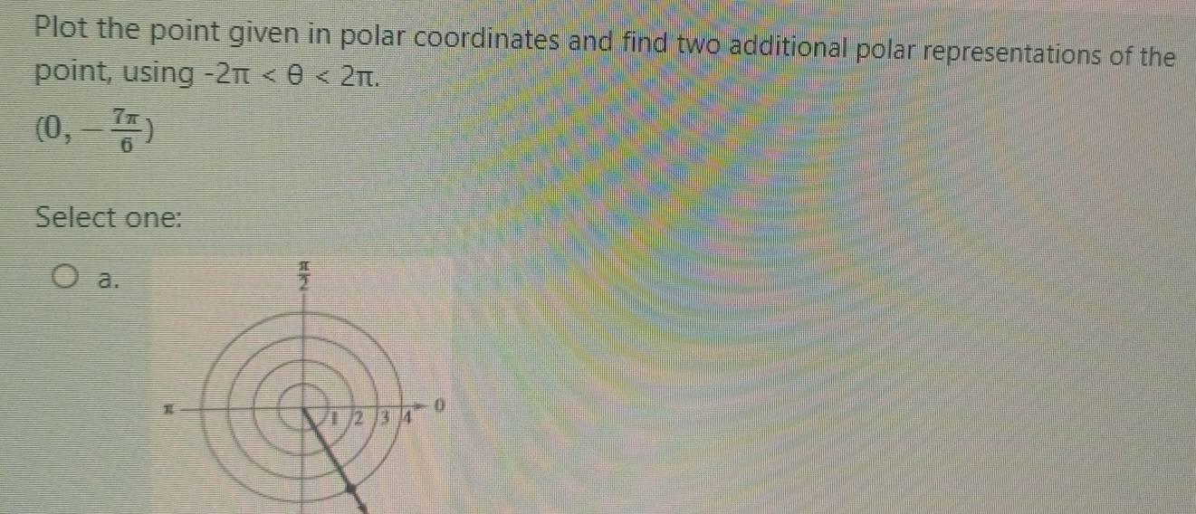 Plot the point given in polar coordinates and find two additional polar representations of the
point, using -2π <2π .
(0,- 7π /6 )
Select one:
a.