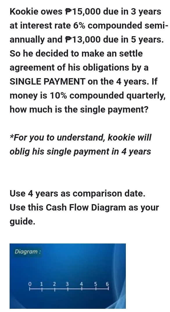 Kookie owes P15,000 due in 3 years
at interest rate 6% compounded semi- 
annually and P13,000 due in 5 years. 
So he decided to make an settle 
agreement of his obligations by a 
SINGLE PAYMENT on the 4 years. If 
money is 10% compounded quarterly, 
how much is the single payment? 
*For you to understand, kookie will 
oblig his single payment in 4 years
Use 4 years as comparison date. 
Use this Cash Flow Diagram as your 
guide. 
Diagram :
0 1 2 3 4 5 6