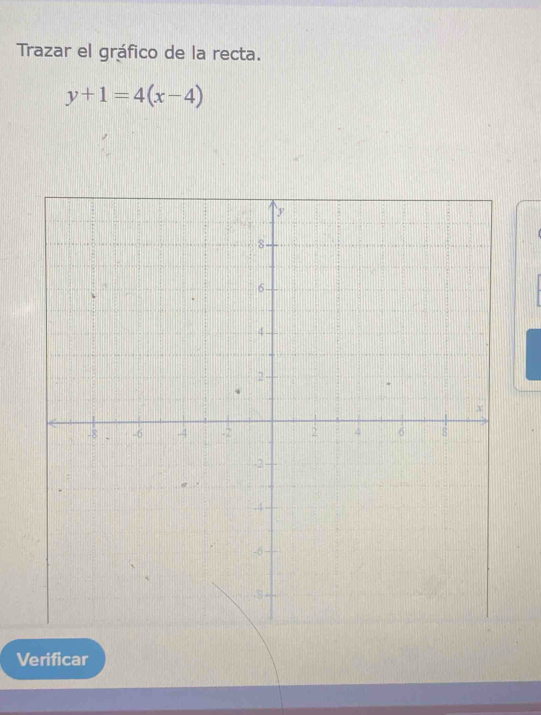 Trazar el gráfico de la recta.
y+1=4(x-4)
Verificar