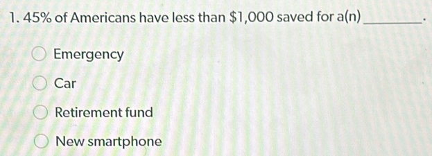 45% of Americans have less than $1,000 saved for a(n) _ .
Emergency
Car
Retirement fund
New smartphone