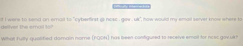 Dimcuary: intermedians 
If I were to send an email to "cyberfirst @ ncsc . gov . uk", how would my email server know where to 
deliver the email to? 
What Fully qualified domain name (FQDN) has been configured to receive email for ncsc.gov.uk?