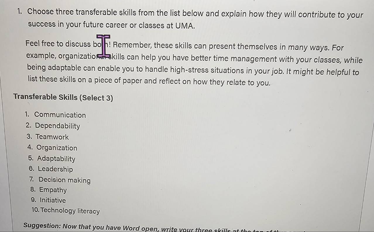 Solved: Choose three transferable skills from the list below and ...
