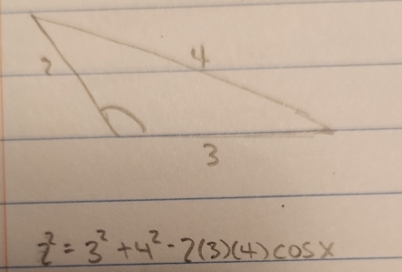 z^2=3^2+4^2-2(3)(4)cos x