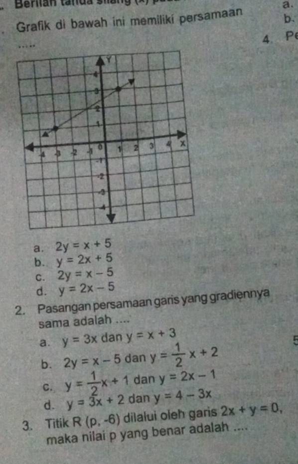 Berlian tanda shan g ( 
a.
Grafik di bawah ini memiliki persamaan b.
… .
4 P
a. 2y=x+5
b. y=2x+5
C. 2y=x-5
d. y=2x-5
2. Pasangan persamaan garis yang gradiennya
sama adalah ....
a. y=3x dan y=x+3
b. 2y=x-5 dan y= 1/2 x+2
5
C. y= 1/2 x+1 dan y=2x-1
d. y=3x+2 dan y=4-3x
3. Titik R(p,-6) dilalui oleh garis 2x+y=0, 
maka nilai p yang benar adalah ..