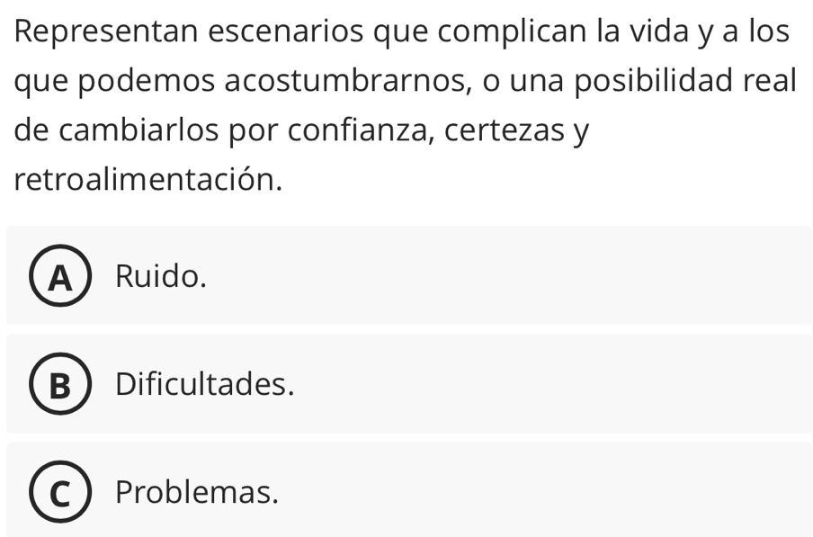 Representan escenarios que complican la vida y a los
que podemos acostumbrarnos, o una posibilidad real
de cambiarlos por confianza, certezas y
retroalimentación.
A Ruido.
B  Dificultades.
C Problemas.