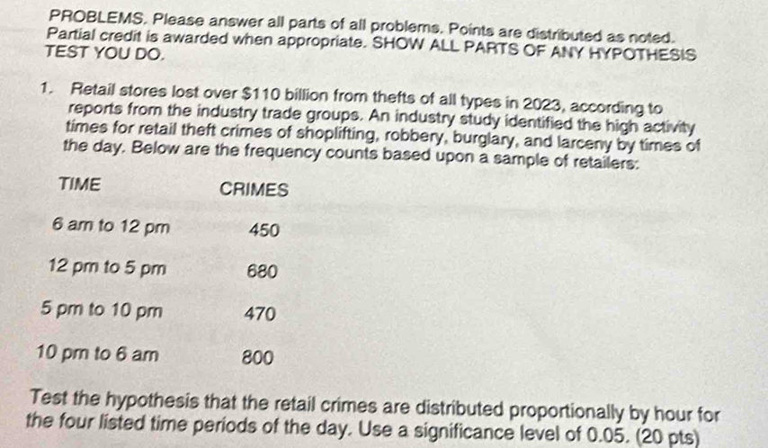 PROBLEMS. Please answer all parts of all problems. Points are distributed as noted.
Partial credit is awarded when appropriate. SHOW ALL PARTS OF ANY HYPOTHESIS
TEST YOU DO.
1. Retail stores lost over $110 billion from thefts of all types in 2023, according to
reports from the industry trade groups. An industry study identified the high activity
times for retail theft crimes of shoplifting, robbery, burglary, and larceny by times of
the day. Below are the frequency counts based upon a sample of retailers:
TIME CRIMES
6 am to 12 pm 450
12 pm to 5 pm 680
5 pm to 10 pm 470
10 pm to 6 am 800
Test the hypothesis that the retail crimes are distributed proportionally by hour for
the four listed time periods of the day. Use a significance level of 0.05. (20 pts)