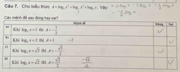 Cho biểu thức A=log _2x^2+log _ 1/2 x^3+log _4x Vậy:
Các mệnh đề sau đúng hay sai?