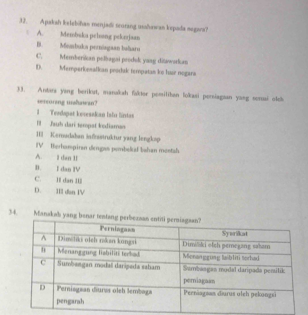 Apakah kelebihan menjadi scorang usahawan kepada negara?
A. Membuka peluang pekerjaan
B. Membuka perniagaan baharu
C. Memberikan pelbagai produk yang ditawarkan
D. Memperkenalkan produk tempatan ke luar negara
33. Antara yang berikut, manakah faktor pemilihan lokasi perniagaan yang sesuai olch
sescorang usahawan?
1 Terdapat kesesakan lalu lintas
II Jauh dari tempat kediaman
III Kemudahan infrastruktur yang lengkap
IV Berhampiran dengan pembekal bahan mentah
A. 1 dan 11
B. I dan IV
C. II dan III
D. III dan IV
34, Manakah yang benar