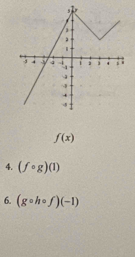 f(x)
4. (fcirc g)(1)
6. (gcirc hcirc f)(-1)