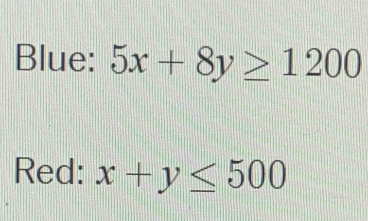 Blue: 5x+8y≥ 1200
Red: x+y≤ 500