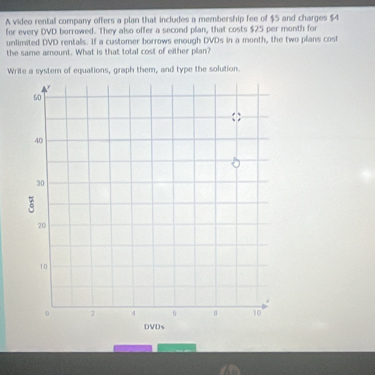 A video rental company offers a plan that includes a membership fee of $5 and charges $4
for every DVD borrowed. They also offer a second plan, that costs $25 per month for 
unlimited DVD rentals. If a customer borrows enough DVDs in a month, the two plans cost 
the same amount. What is that total cost of either plan? 
Write a system of equations, graph them, and type the solution.