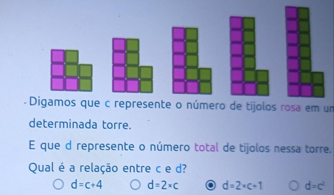 +Digamos que c represente o número de tijolos rosa em um
determinada torre.
E que d represente o número total de tijolos nessa torre.
Qual é a relação entre c e d?
d=c+4
d=2* c
d=2* c+1
d=c^2