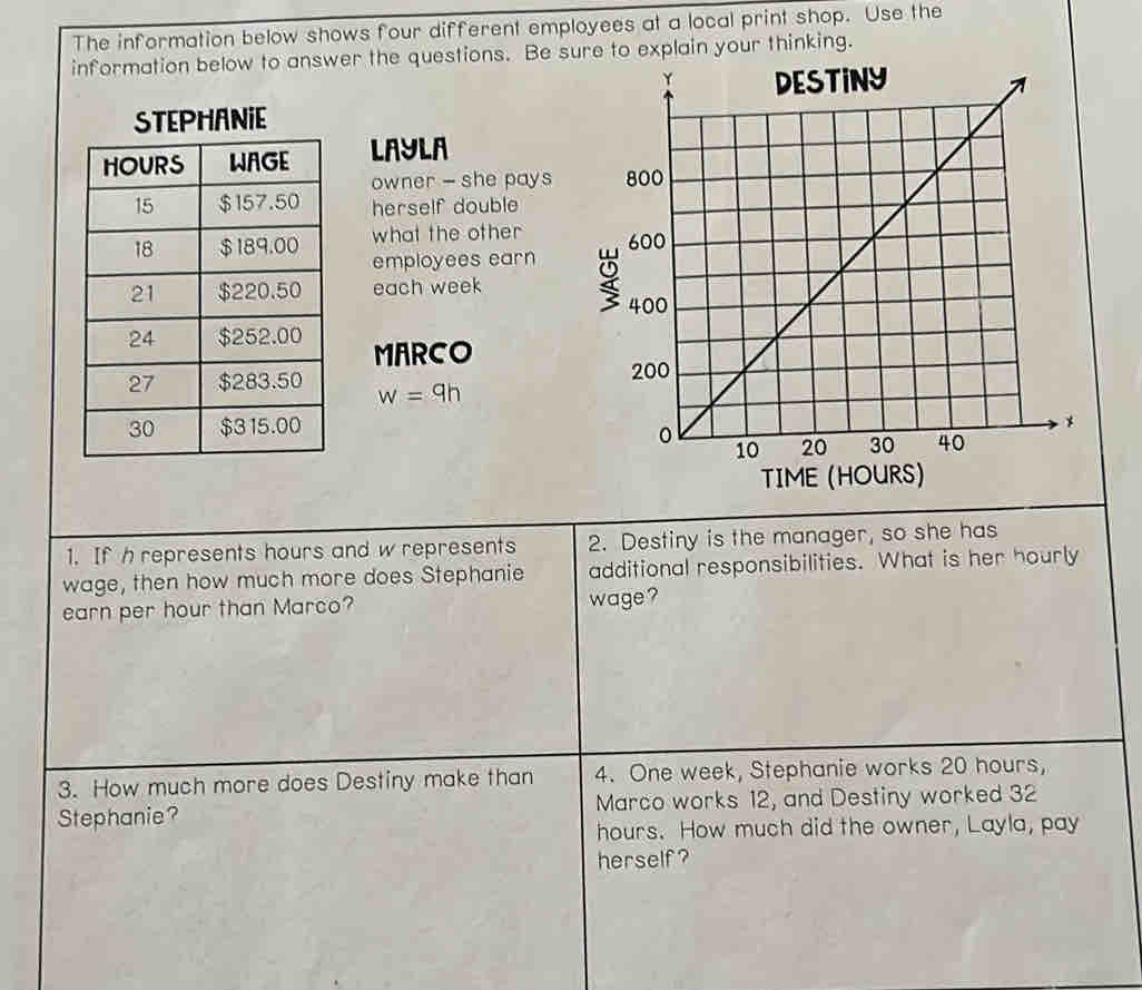 The information below shows four different employees at a local print shop. Use the 
information below to answer the questions. Be sure to explain your thinking. 
STEPHANIE 
LAYLA 
owner - she pays 
herself double 
what the other 
employees earn 
each week 
MARCO
w=9h