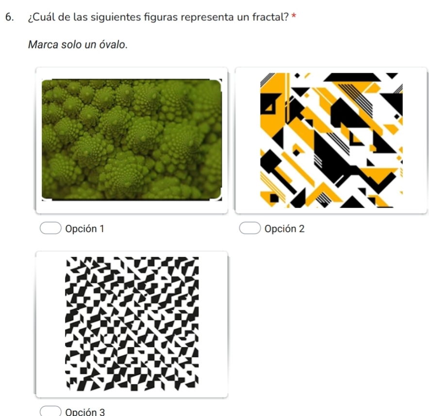 ¿Cuál de las siguientes figuras representa un fractal? *
Marca solo un óvalo.
Opción 1 Opción 2
Odción 3