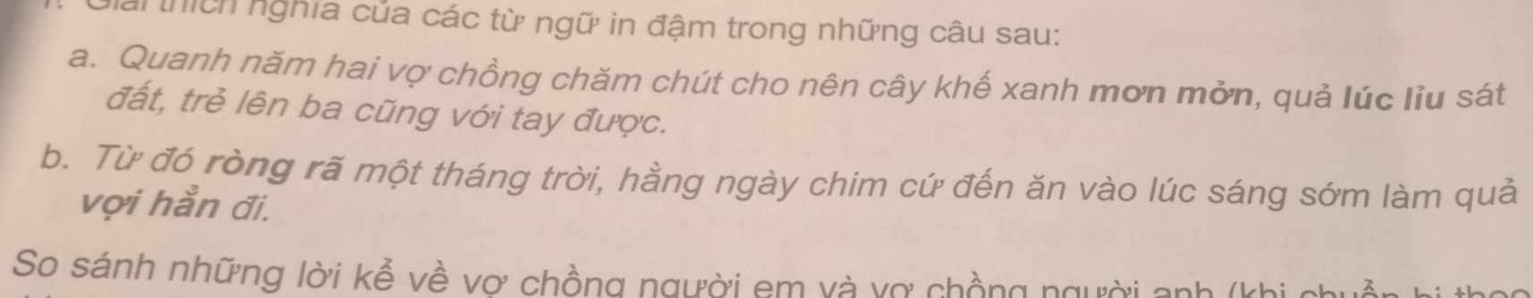 ài thích nghĩa của các từ ngữ in đậm trong những câu sau: 
a. Quanh năm hai vợ chồng chăm chút cho nên cây khế xanh mơn mởn, quả lúc liu sát 
đất, trẻ lên ba cũng với tay được. 
b. Từ đó ròng rã một tháng trời, hằng ngày chim cứ đến ăn vào lúc sáng sớm làm quả 
vợi hẳn đi. 
So sánh những lời kể về vơ chồng người em và vợ chồng người anh (khi chuẩn hi